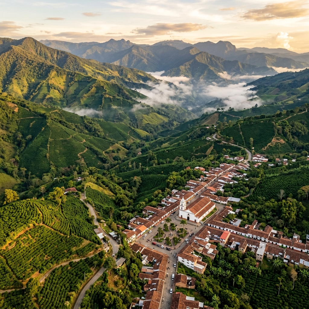 Paisaje de cafetales y montañas del Suroeste Antioqueño
